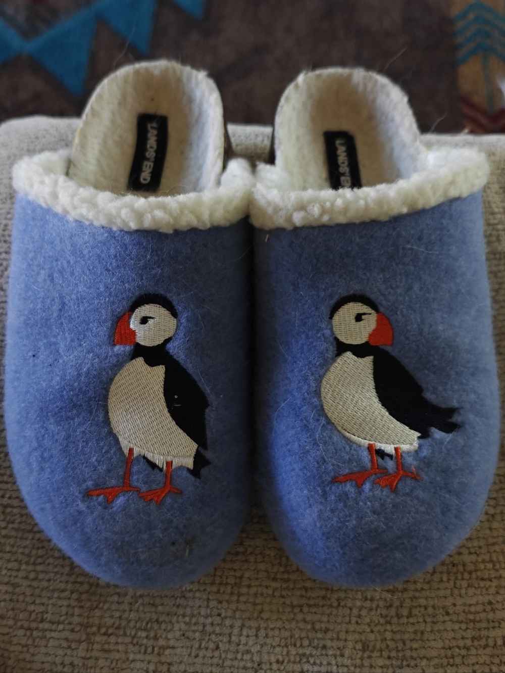 Lands' End Blue Puffin Embroidered Slip-On Slippers